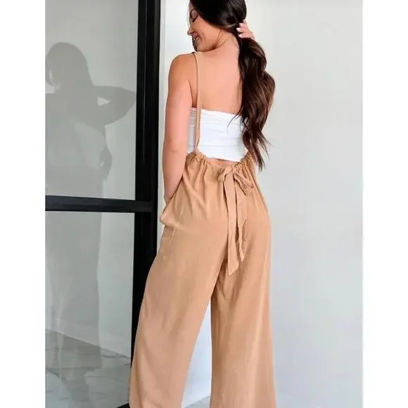 Zenana New Wideleg Adjustable Jumpsuit Beige - Picture 5 of 5